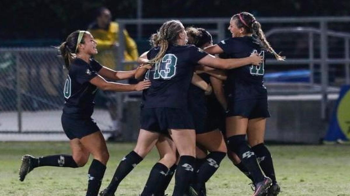The Cal Poly women’s soccer team celebrates at goal scored Oct. 13 against Blue-Green rival UC Santa Barbara.