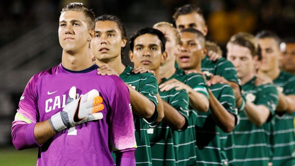 Cal Poly men’s soccer players get ready for a Big West Conference matchup against UC Santa Barbara inside Alex G. Spanos Stadium.