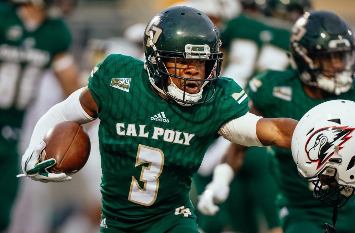 Cal Poly slot back Malcolm Davis (3) in the Mustangs’ 38-24 win at home on over Southern Utah in the Big Sky Conference season finale in 2018. The 2020 fall season has been postponed until spring.