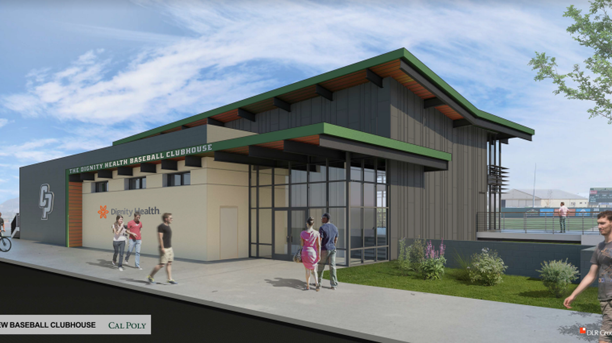 A front view rendering of Cal Poly’s Dignity Health Baseball Clubhouse.