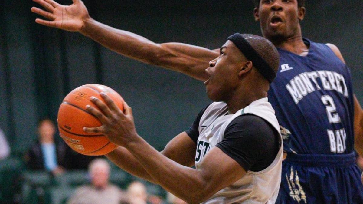Cal Poly freshman Jaylen Shead goes up for a shot against Cal State Monterey Bay during a nonconference game earlier this season.