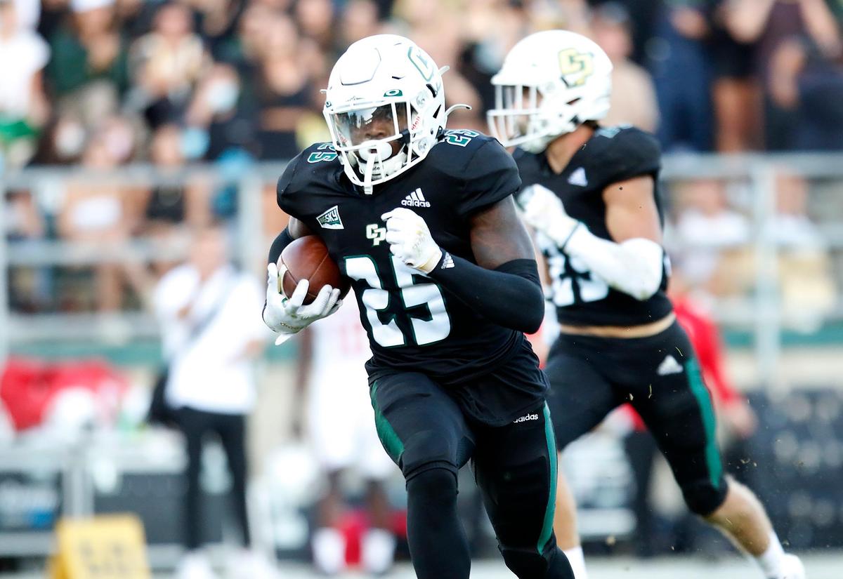 Cal Poly’s Isaiah Robinson (25) returned an interception for a touchdown, but a penalty was called on the play for pass interference and it was called back. Cal Poly lost 48-14 to South Dakota on Saturday, Sept. 18, 2021.