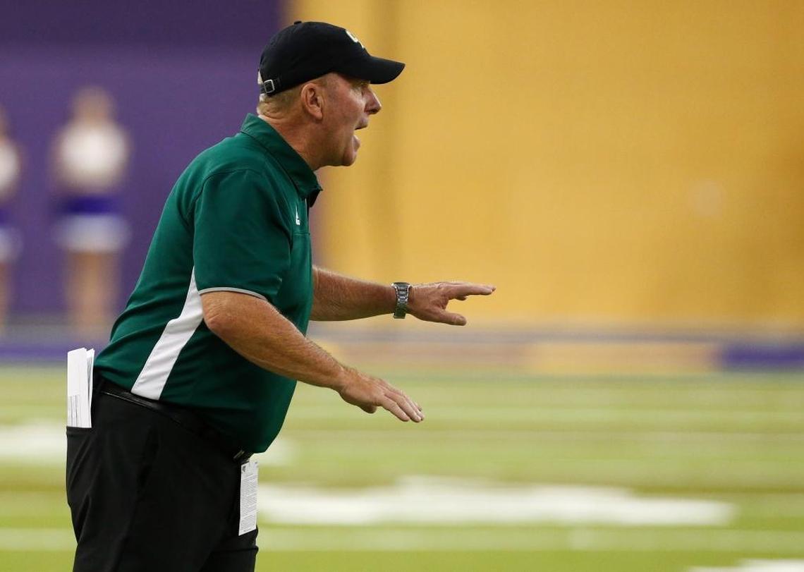 Cal Poly coach Tim Walsh directs his players during the second half of an NCAA college football game against Northern Iowa on Saturday, Sept. 9, 2017, in Cedar Falls, Iowa. (Matthew Putney/The Gazette via AP)