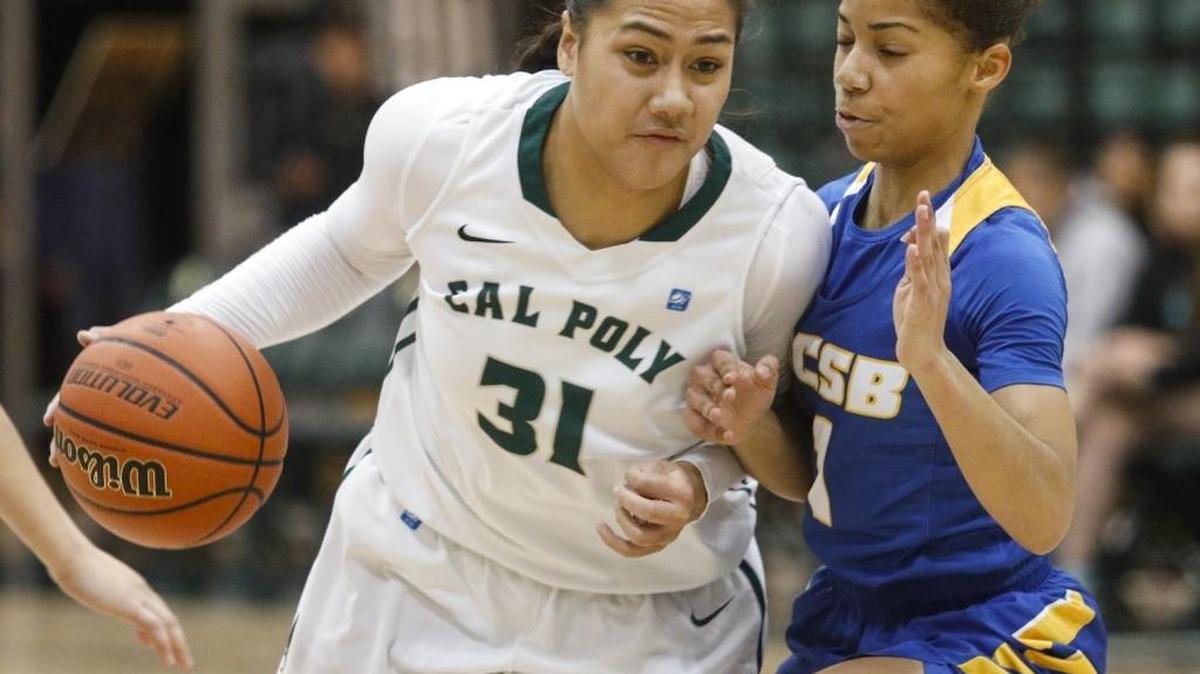 Lynn Leaupepe drives to the hoop during Cal Poly’s 78-67 win against UC Santa Barbara in a Big West Conference basketball game Thursday night at Mott Athletics Center.