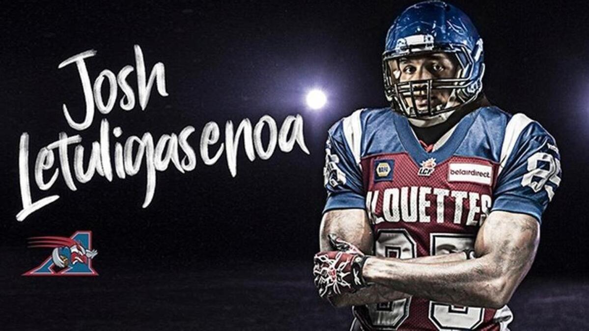 Former Cal Poly football player Josh Letuligasenoa poses in his new Montreal Alouettes jersey.