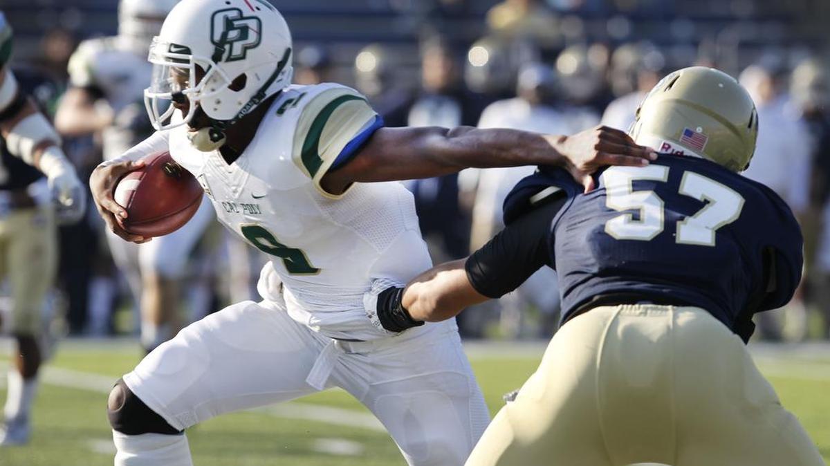 Cal Poly quarterback Chris Brown, left, will play his final collegiate game when the Mustangs host North Dakota at 6:05 p.m. Saturday at Alex G. Spanos Stadium.