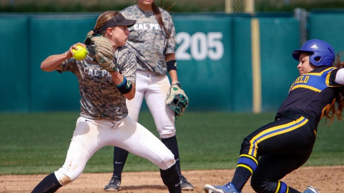 Cal Poly shortstop Chelsea Convissar throws to first base during a nonconference home game earlier this season. The Mustangs begin Big West Conference play at 1 p.m. Saturday against UC Santa Barbara.