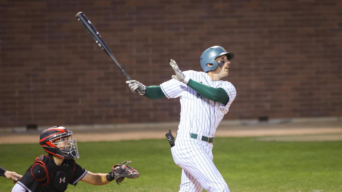 Brooks Lee gets on base and would score the first run for the Mustangs. Cal Poly came from behind to beat CSUN 6-4 during the Big West Conference opener March 18, 2022.