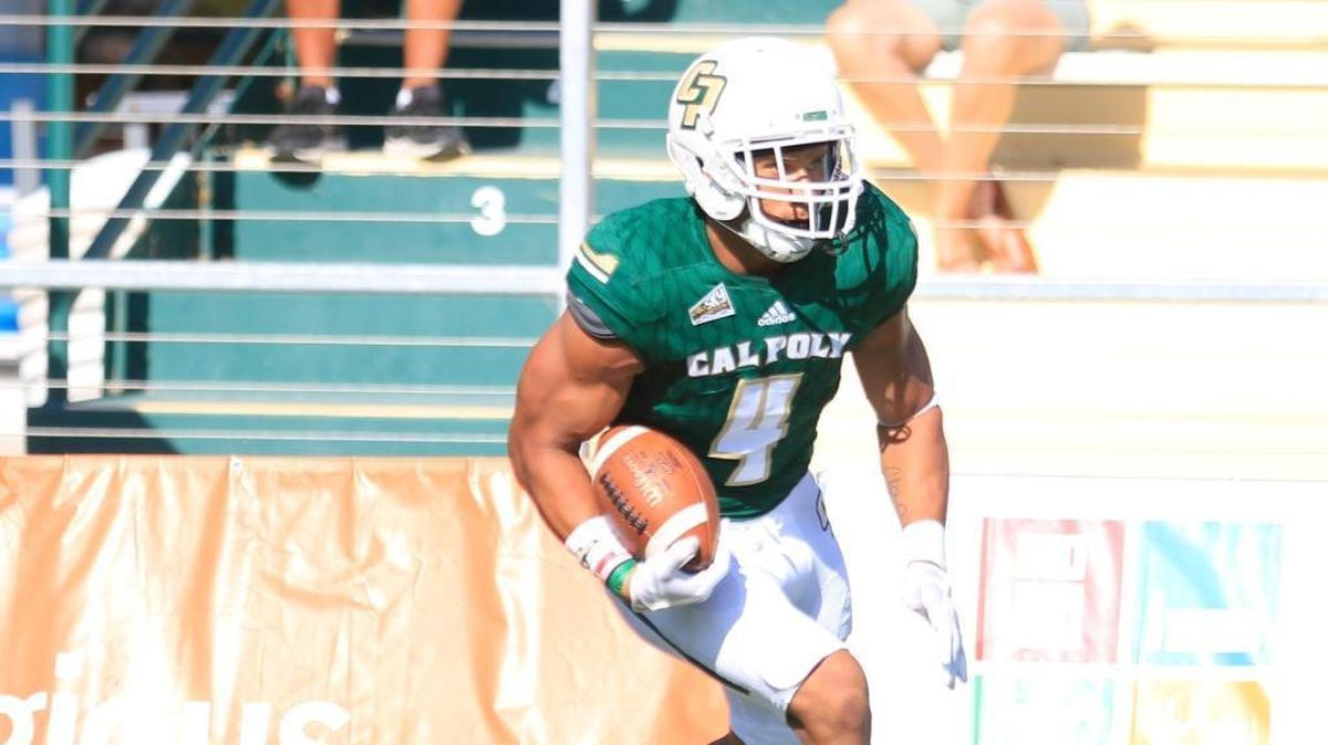 Former Cal Poly slot back Kyle Lewis against Colgate to open the 2017 season.