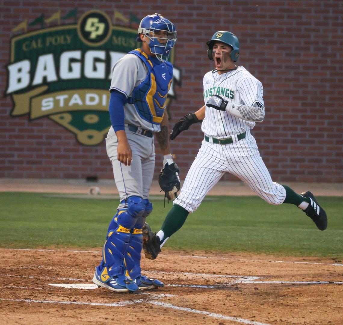 Brooks Lee scores in the 6th inning. There was no throw to catcher Giani Bloom. Cal Poly lost to UCSB 7-10 in an 11 inning game April 29, 2022. Lee recently signed a pro contract with the Minnesota Twins, who selected him No. 8 overall in the MLB draft.