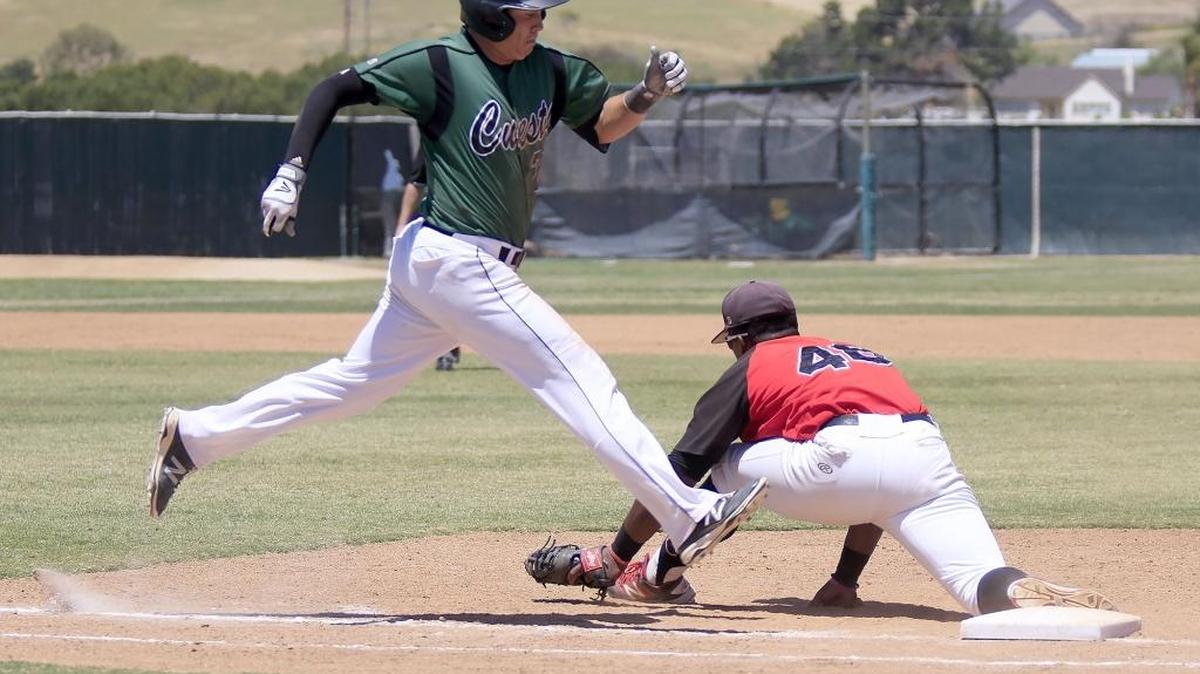 Cuesta College loses to Chaffey College Panthers 7-6 in the California Community College Athletics Association playoffs, Sunday, May 15, 2016. Cuesta runner Robbie Silve (21) reaches for the base, but couldn’t make it in time and Chaffey’s Jason Wallace fields the ball.
