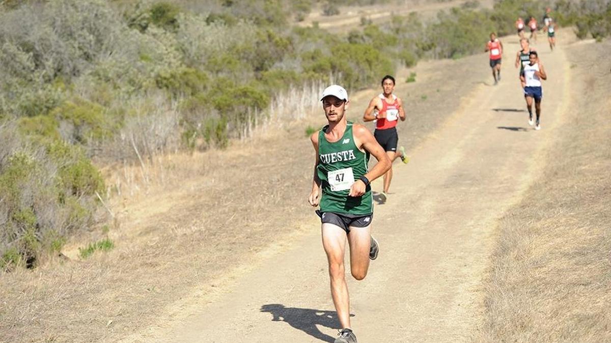 Cuesta College’s Sean McDermott runs the course at Woodward Park in Fresno at the CCCAA state cross country meet Saturday.