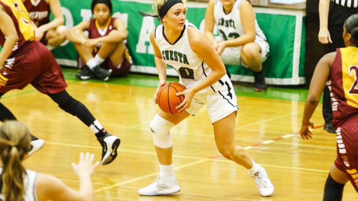 Cuesta College’s Connor Storlie looks to pass during the Cougars’ win over Victor Valley in the opening game of the Phillips 66 Tournament on Thursday night.