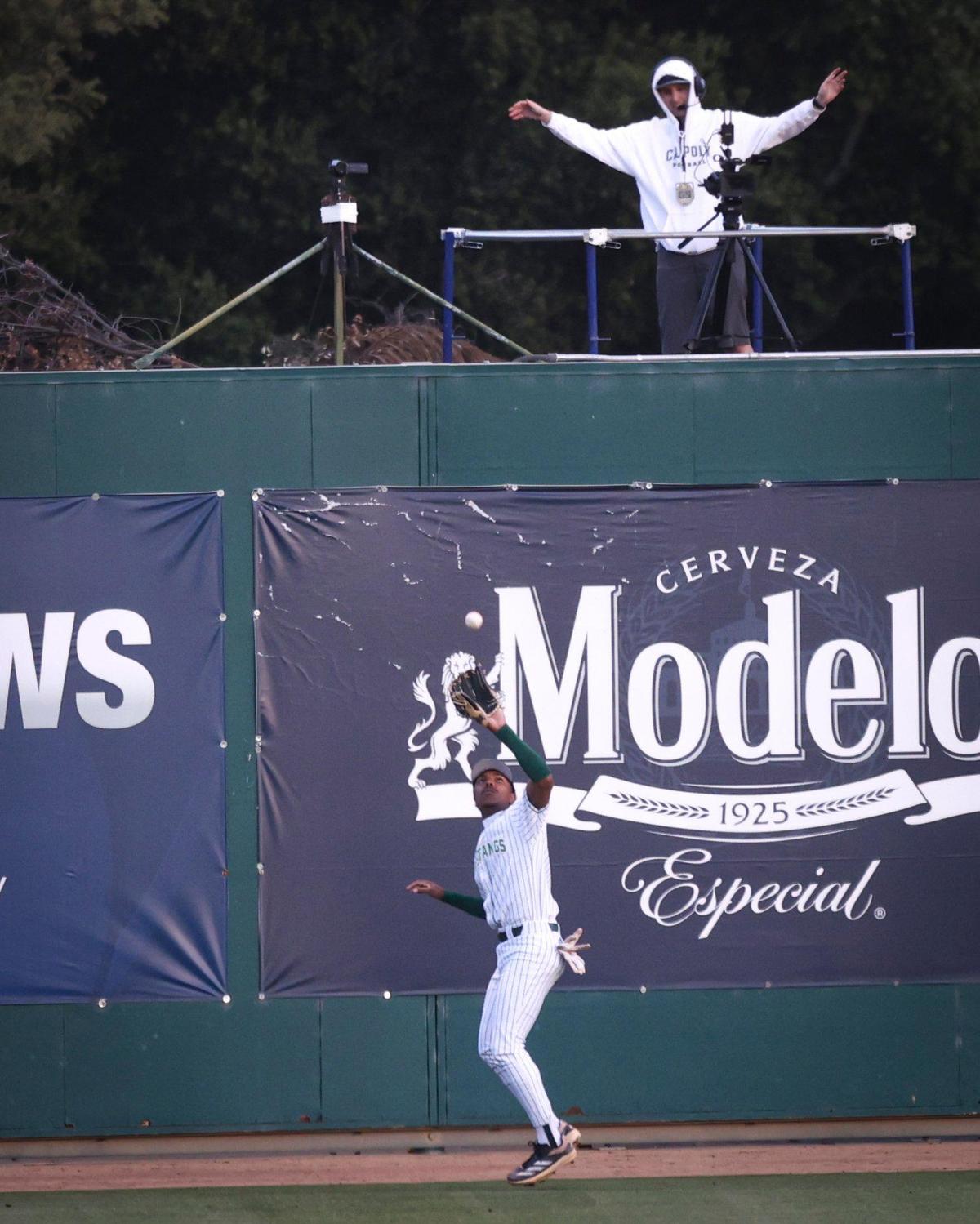 Casey Murray Jr. makes a catch on the warning track in center field for the Mustangs. Cal Poly hosted UC San Diego seen here on April 4, 2025.