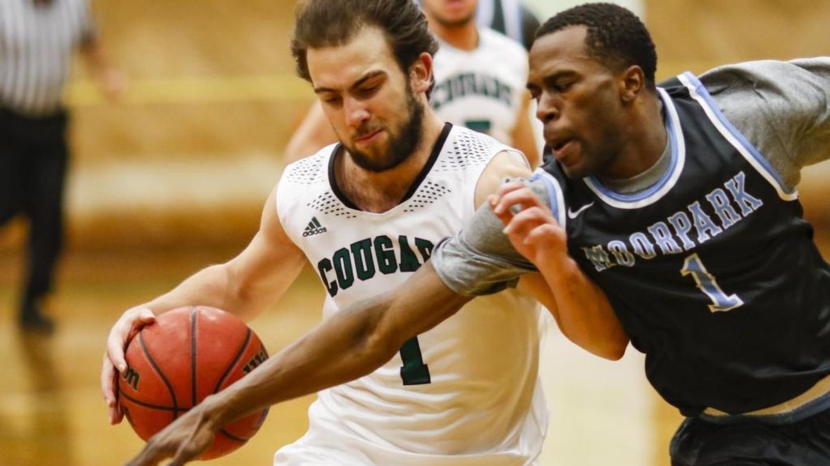 Beñat Hevia is fouled by Joshua Brooks. Cuesta men took on Moorpark in a basketball game.