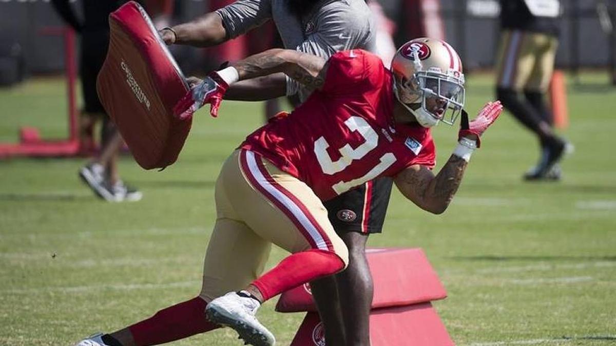 Asa Jackson runs drills during the San Francisco 49ers training camp at Levi's Stadium on Tuesday August 8, 2017 in Santa Clara.