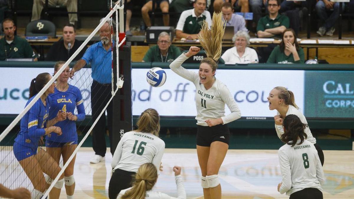 Torrey Van Winden (11) celebrates during the Cal Poly volleyball team’s 3-1 victory over UCLA earlier this season at Mott Athletics Center in San Luis Obispo, California.