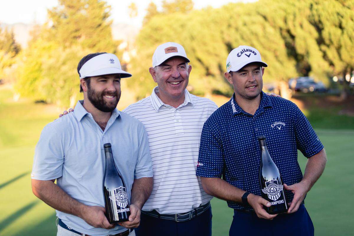 From left, Tony Verna, Mike Rowley of Straight Down, and Brandon Harkins pose for a photo after Harkins and Verna won the 2019 tournament at the SLO Country Club.
