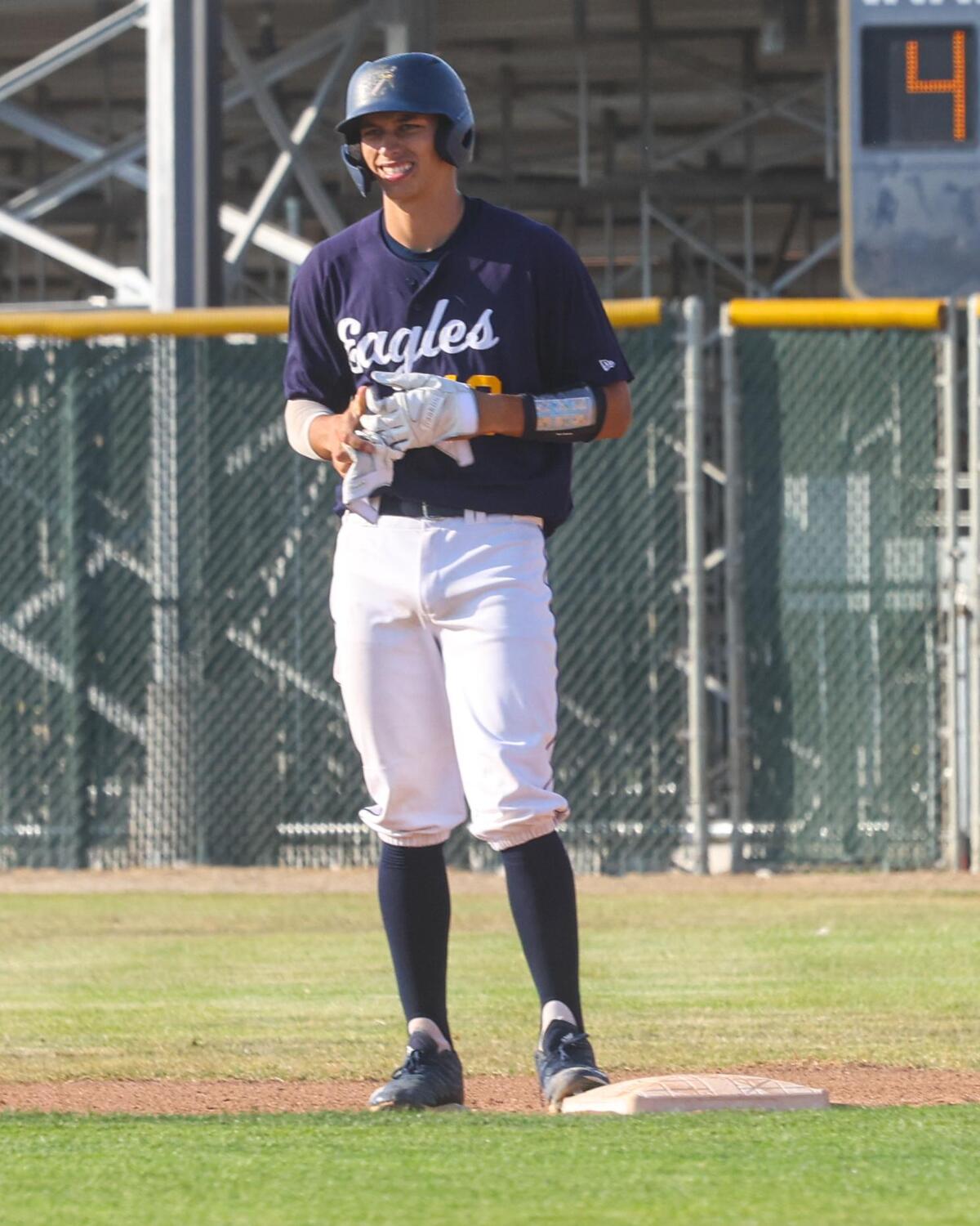 Justin Trimble stands on second after a two run double. Arroyo Grande hosted Paso Robles in a playoff baseball game in the delayed COVID-19 season.