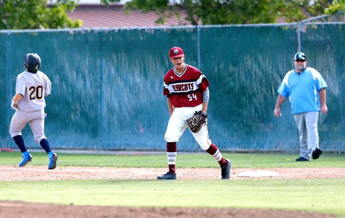 Paso Robles High sophomore Hunter Barnhart, pictured here as a freshman, celebrates as the Bearcats baseball team defeated Quartz Hill 4-1 in the quarterfinals of the CIF-Southern Section Division 3 playoffs. 5-24-2017 David Middlecamp