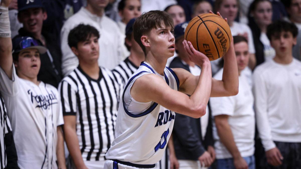 Roman Benedetti takes a 3-point shot. Mission Prep lost to San Gabriel Academy in the CIF state Division 3 basketball tournament on March 6, 2025.