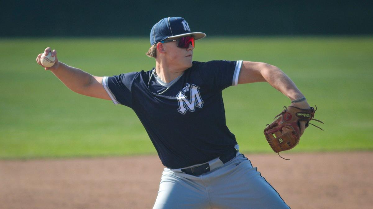 Kyson Hickman throws a runner out. Mission Prep lost a 6-5 decision to Pioneer Valley in a baseball game that went 11 innings May 10, 2024.