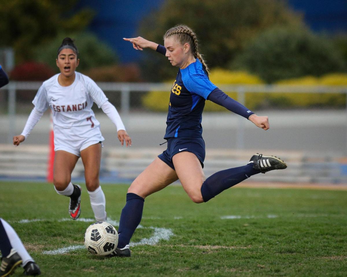 Presley Dunkle shoots and scores the second goal. Arroyo Grande girls won 2-0 over Estancia on Feb. 29, 2024, to advance to the 2024 CIF SoCal Division IV Girls Soccer Championship.