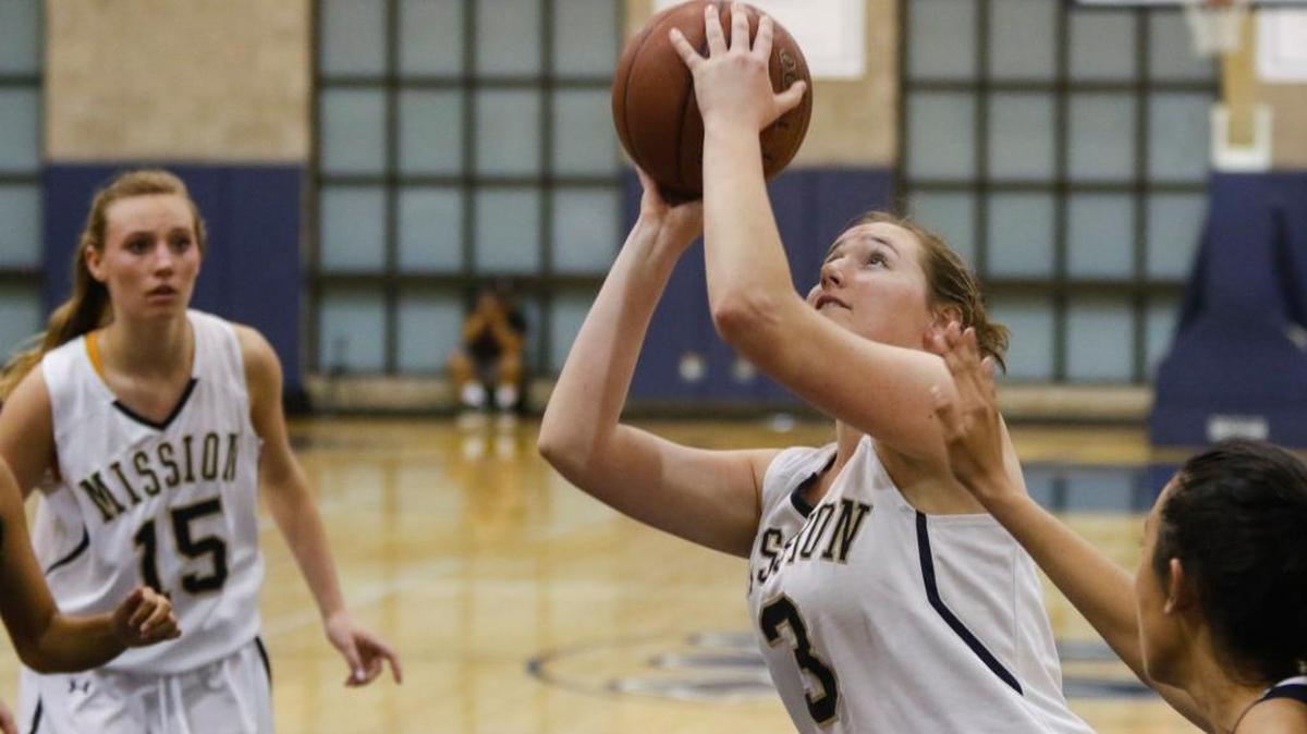 Mission Prep’s Noelle Laird, shown during the Royals’ playoff win over Oxford Academy on March 12, scored nine points to lead Mission Prep in their loss to Village Christian on Saturday, March 19, in the Southern California Regional final in Ontario.