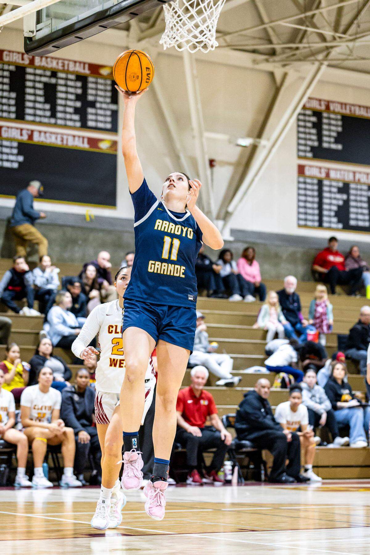 Diana Sorrondo shoots a layup in a 69-24 loss to No. 1 Clovis West. The junior center had 10 points and 11 blocks.