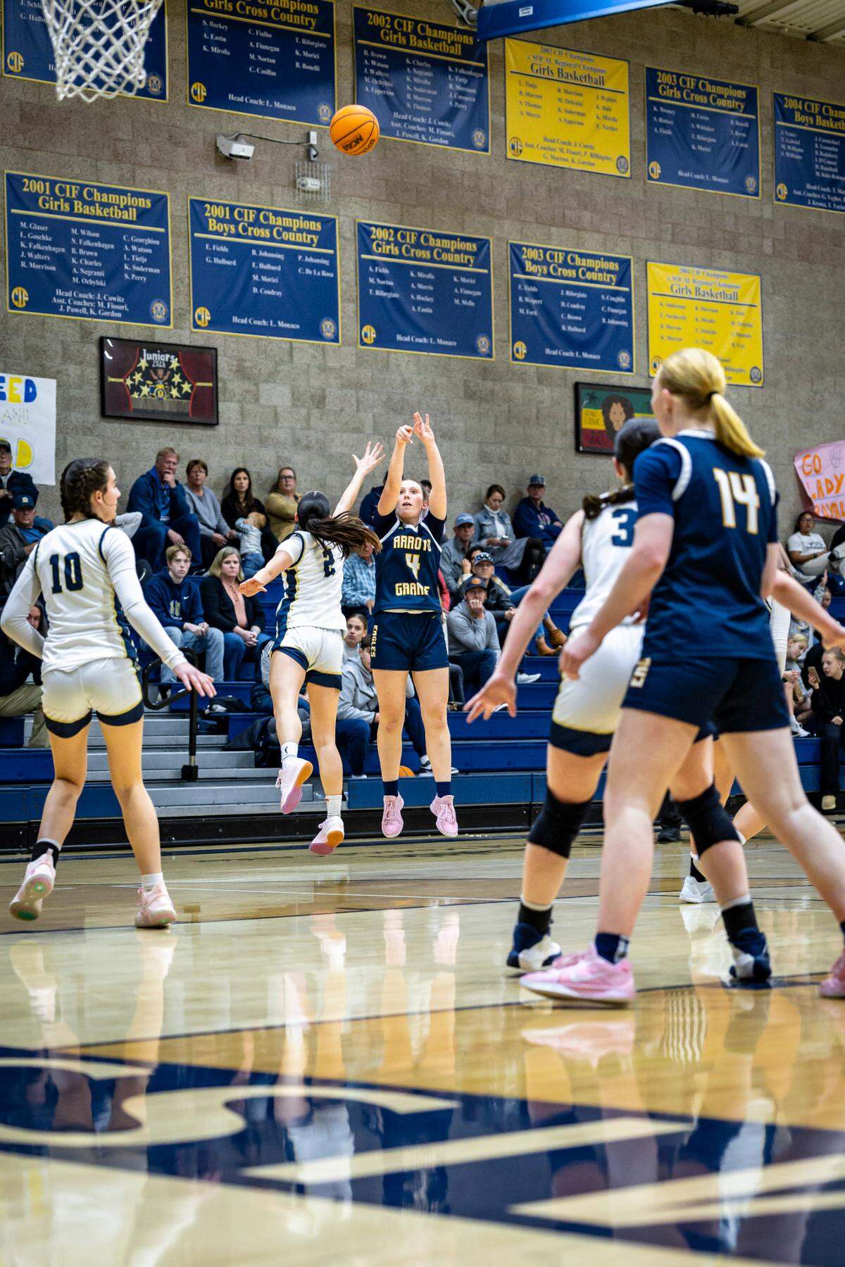 Molly Sloan shoots a long-range jumper. Mission Prep girl’s basketball team beat Arroyo Grande 55-51 on Feb. 11, 2025.