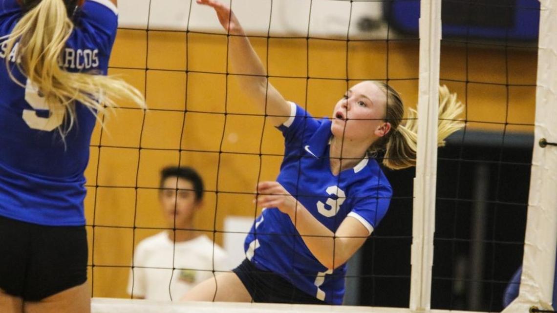 Sam Oliver with a kill for Arroyo Grande girls volleyball as it hosts San Marcos in a non-league match. Photo by Travis Gibson 8-30-16
