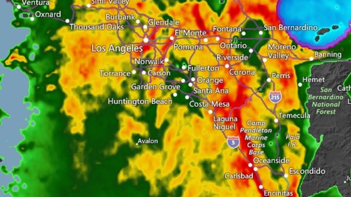 A photo of a weather radar shows strong storms covering Southern California on Friday evening, forcing the Paso Robles boys soccer team to postpone its playoff game.