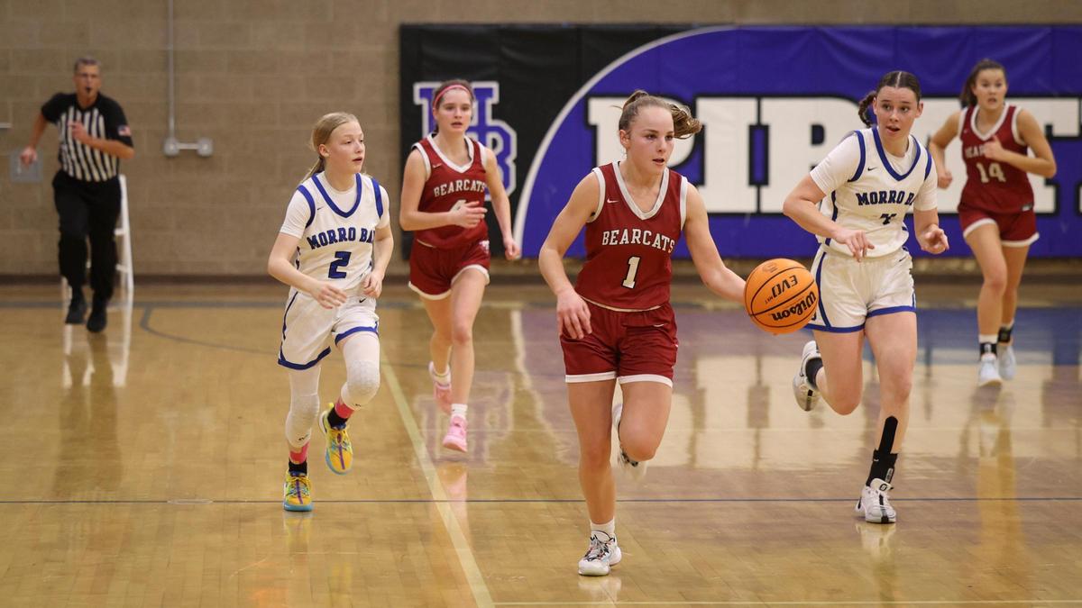 Riley Milder on a fast break. Morro Bay girls basketball beat Paso Robles 47-38 on Jan. 9, 2024.