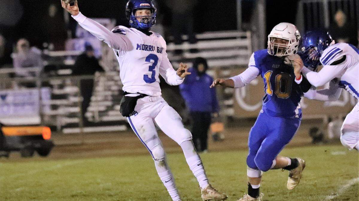 Morro Bay quarterback Nicky Johnson throws a pass in the Division 7-AA state championship at Fall River on Saturday, Dec. 11, 2021. Fall River won the state title 43-13.