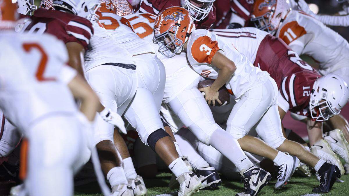 Mike Trejo follows his line into the end zone for a short yardage touchdown. Paso Robles beat Atascadero 49-14 on Sept. 19, 2025.