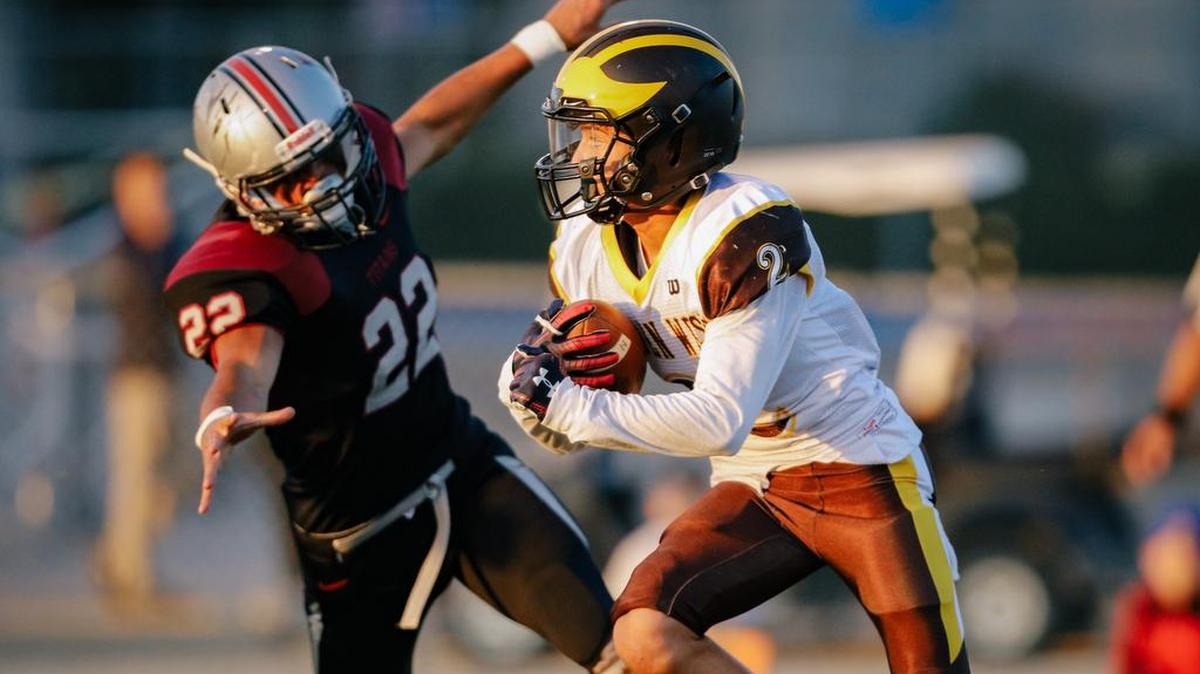 Nipomo High School football team’s Jahrizon Matautia Reyes tracks down Golden West running back Jacob Salazar in Friday’s non-conference game in Nipomo, California.