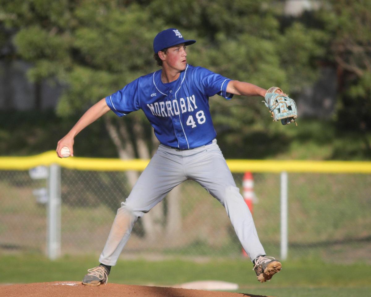 Colton White pitches for the Pirates. Morro Bay beat San Luis Obispo 8-5 on May 13, 2025.