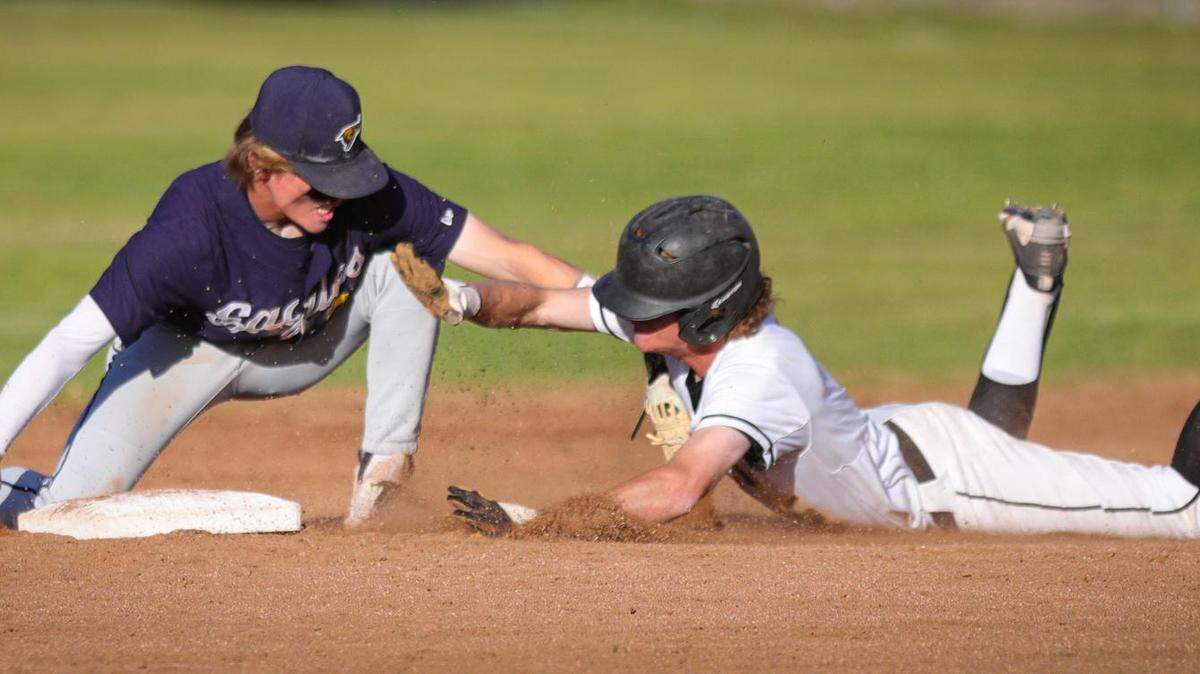 Judah Hill was ruled to have missed the tag of Bo Victor at second base. San Luis Obispo won 3-1 over Arroyo Grande in a baseball game in SLO May 12, 2022. Playoffs are this week in CIF-Central Section action.