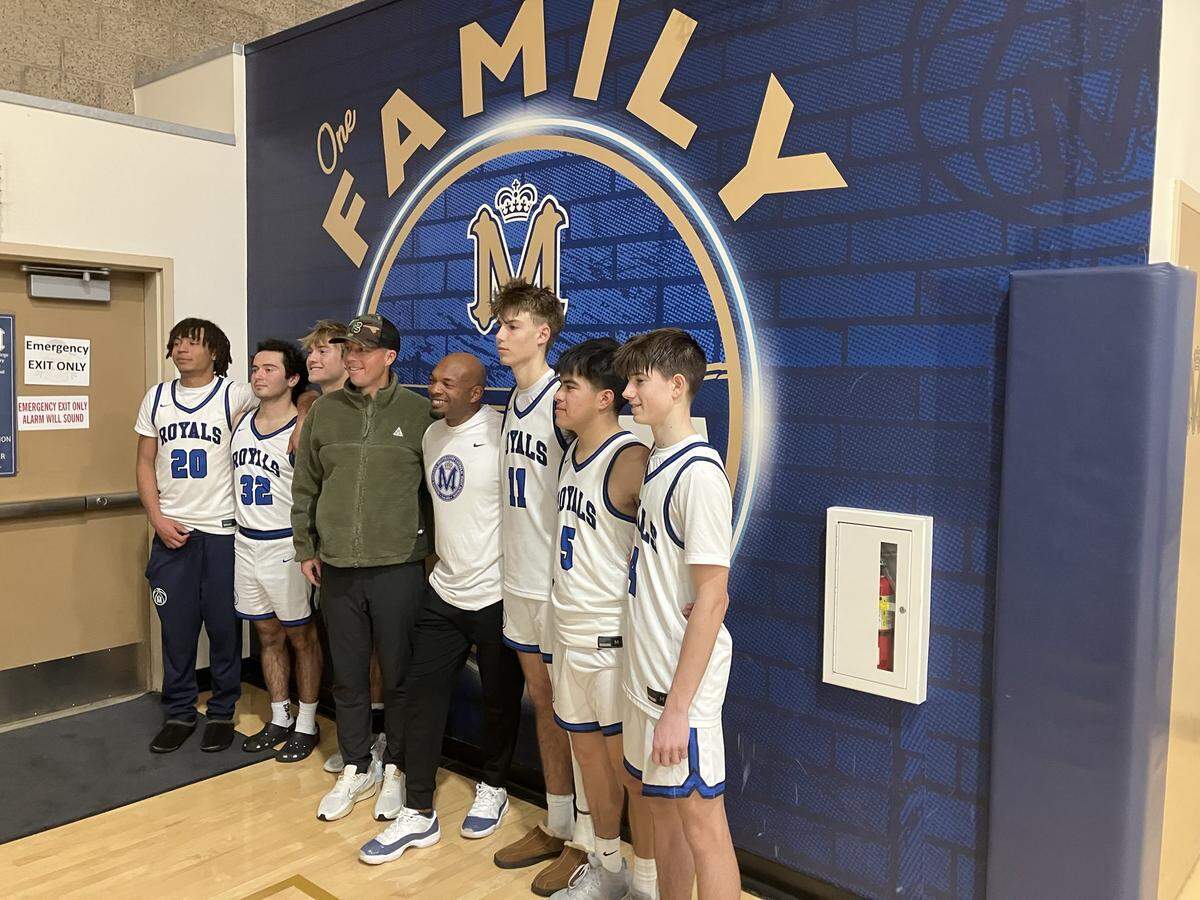 From left to right: Jayden Nozil, Champ Morrisey, Brayden Mott, Mike Wosniak, Terrance Harris, Roman Benedetti, Ethan Orozco and Brody Miller (after the last state tourney game versus San Gabriel Academy).