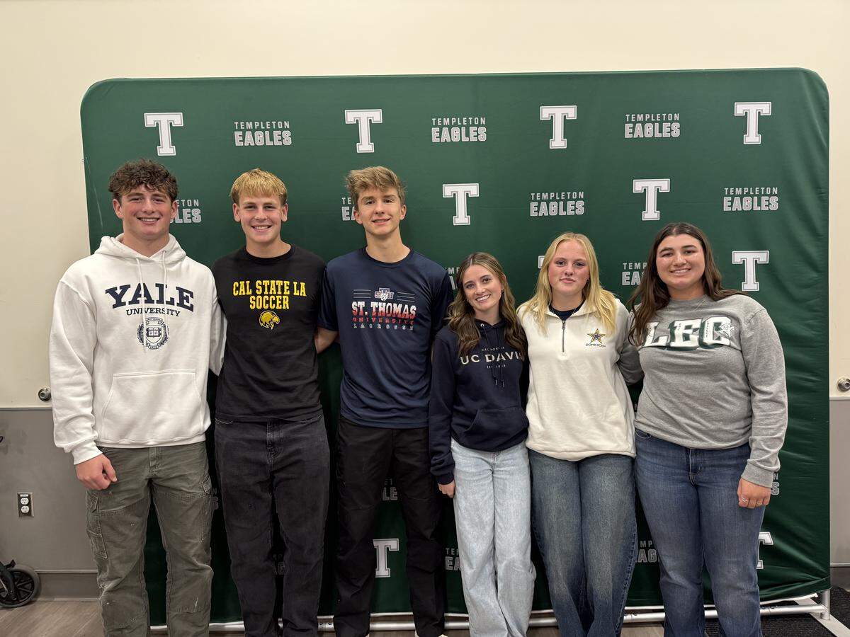 Six Templeton High students made their commitments to play a sport in college on Wednesday, Dec. 11. They are (from left to right): Tyler Cunningham, Football, Yale; Luke Kahler, Soccer, CSULA; Kevin Sass, Lacrosse, St. Thomas University; Tyler Eade, Equestrian, UC Davis; McKenna White, Soccer, Dominican University; Jessie Branch, Softball, Lake Erie College.