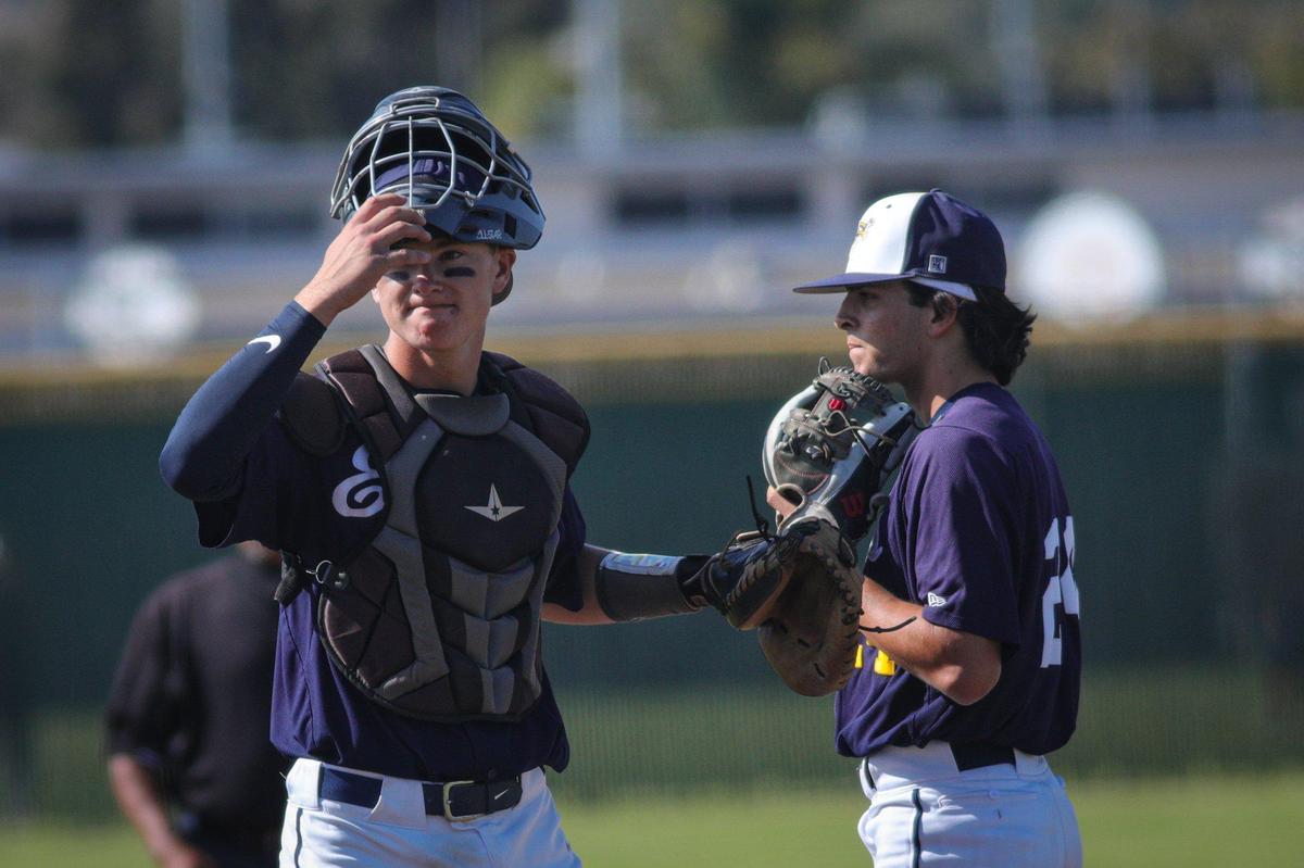 Catcher Ryan Tayman has a talk with pitcher Marc Byrum in the early innings. Arroyo Grande won 12-1 over Nipomo May 17, 2022 in a baseball game at Arroyo Grande High School.