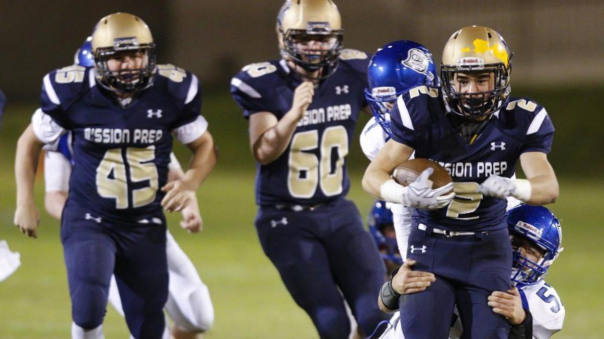 Brayden Corona of Mission Prep ran for three touchdowns in the Royals’ 54-19 win over Morro Bay on Friday.