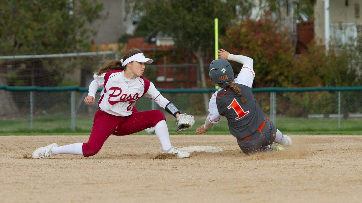 Paso Robles’ Brooke Milder tags out Atascadero’s Bailee Crawford who was attempting to steal second base. Paso Robles went on to win 5-1 and leads the Mountain League.