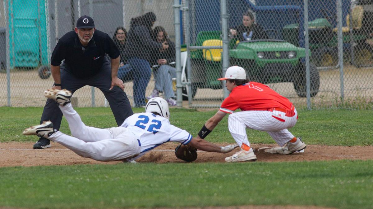 Ben Erkenbrecker was picked off of first with the tag applied by Steven Ernst. Atascadero won 6-4 in a baseball game against Morro Bay High School May 1, 2025.