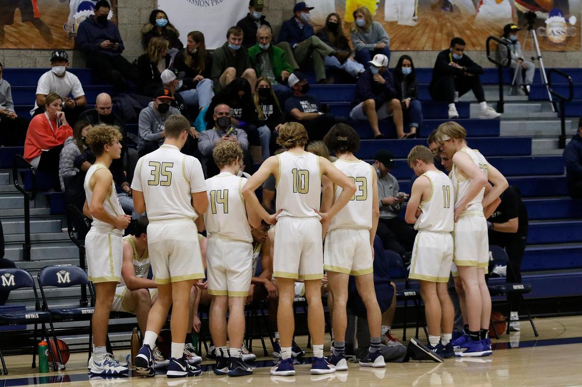 Mission College Prep loses 62-45 to Saugus in the Mission Prep Classic basketball tournament Saturday, Dec. 18, 2021. The team takes a time-out in the last half of the game.