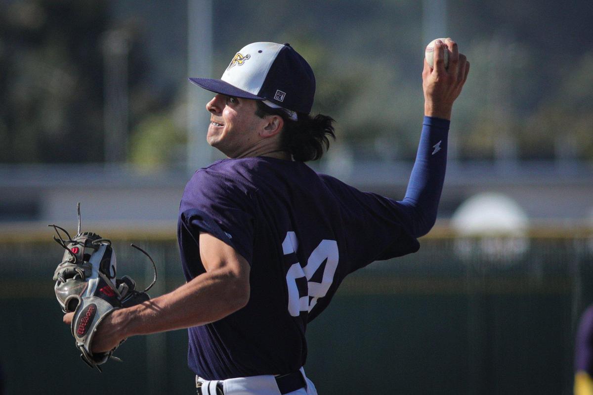 Marc Byrum pitches for the Eagles and went most of the way for them. Arroyo Grande won 12-1 over Nipomo May 17, 2022 in a baseball game at Arroyo Grande High School.