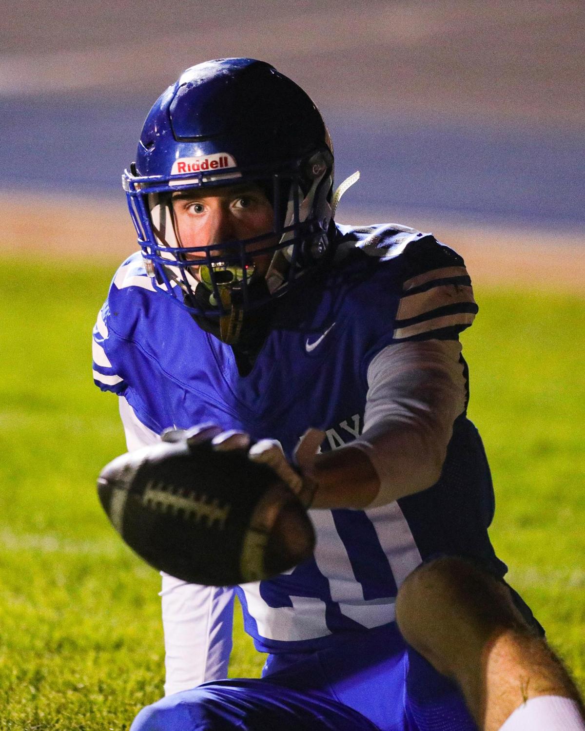 Chritian Merrill gets up after catching a touchdown pass against Pioneer Valley. Morro Bay advanced to the finals with a 29-26 victory in the CIF-Central Section semifinal football game on Nov. 19, 2021.