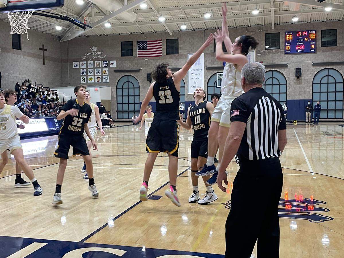 Grant Callahan, of Mission Prep, rises up for a jumper in a 68-45 win over San Luis Obispo.