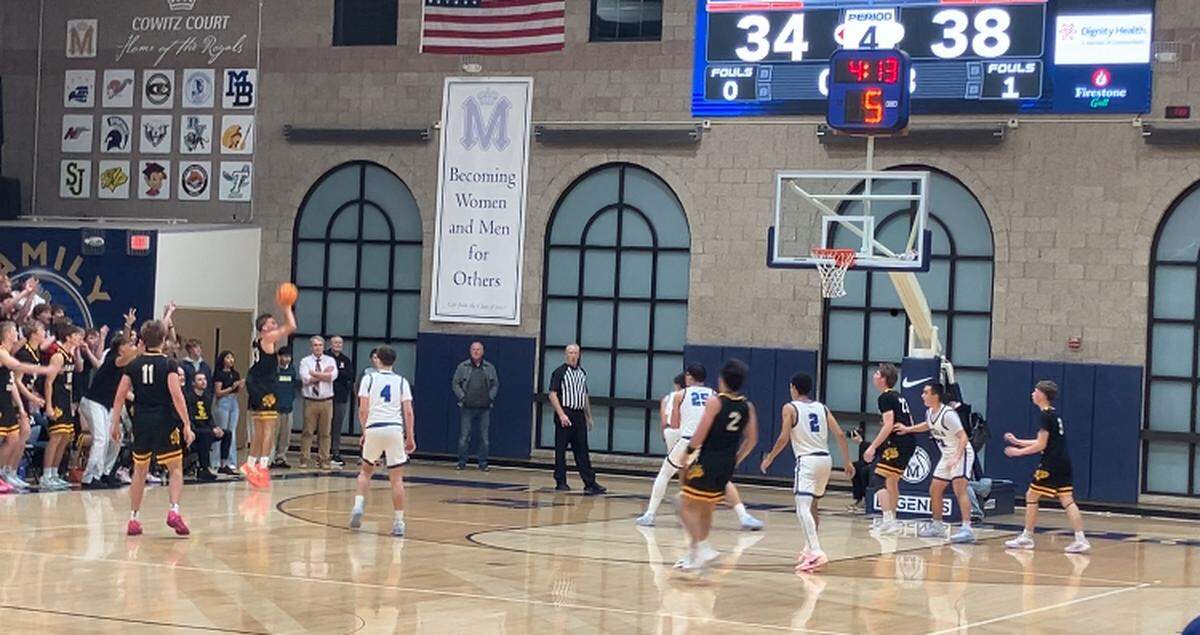 San Luis Obispo’s Hayden Brandow buries a 3-pointer in a fourth quarter in a 48-40 win over Mission Prep on Jan. 23, 2026.