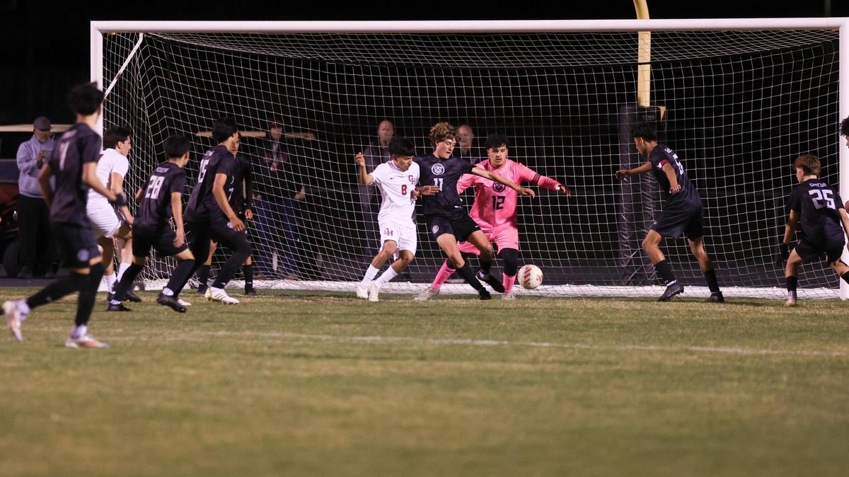 Noah Krebs clears a ball in front of Nipomo’s goal backed up by keeper Justin Sights. Nipomo lost 2-0 to Granite Hills High School of Porterville in CIF-Central Section boys Division 5 soccer final match on Feb. 26, 2025.
